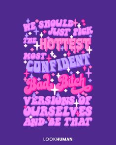 the words are written in different colors and sizes on a purple background with pink stars