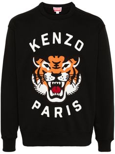 black cotton jersey texture ribbed crew neck long sleeves embroidered Lucky Tiger to the front French terry lining ribbed cuffs and hem When buying this unisex item, keep in mind that it is graded in standard men's sizing. Lucky Tiger, Kenzo Sweater, Kenzo Sweatshirt, Kenzo Tiger, J Black, Embroidered Sweatshirt, Stitch Embroidery, Engineered Garments, Embroidered Sweatshirts