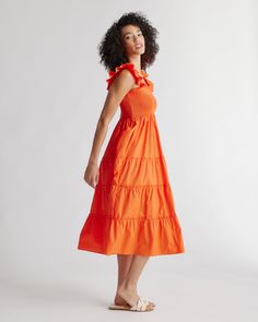 This floaty, flirty, light dress is about to become your fave for summer. Flattering A-line cut, smocked elasticated top, tiered poplin skirt. The sleeveless style has ruffle detailing and all in breathable, natural 100% organic cotton poplin. It's soft, comfy, and the midi-length has the potential to be dressed up or down.  | Quince | Women's Smocked Midi Dress in Vermilion Red, Size Large, Organic Cotton Vermilion Red, Poplin Skirt, Light Dress, Basic Dress, Rebecca Taylor, Cornflower Blue, Dress 100, Black Charcoal, Cotton Poplin