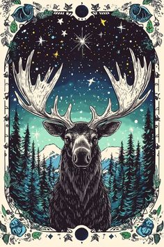 a moose with antlers and stars in the sky