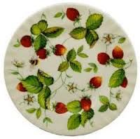 a plate with strawberries and leaves on it