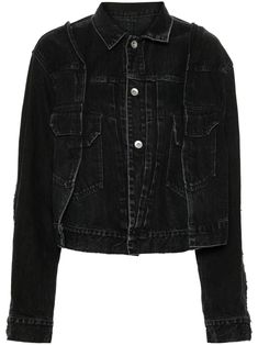 black cotton denim spread collar long sleeves buttoned cuffs two chest flap pockets English rear vents front button fastening Edgy Button-up Cotton Outerwear, Edgy Cotton Button-up Outerwear, Black Cotton Denim Jacket With Flap Pockets, Black Cotton Denim Jacket With Buttoned Pockets, Black Denim Jacket With Patch Pockets For Work, Black Single Breasted Cotton Denim Jacket, Black Single-breasted Cotton Denim Jacket, Washed Black Long Sleeve Denim Jacket With Buttons, Long Sleeve Washed Black Denim Jacket With Buttons