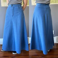 Vintage denim maxi skirt. This piece zips up in the front with a button, and has wonderful pockets at front, a V yoke at back. Floor length, ulined. The fabric is a soft lightweight denim Condition: excellent vintage condition, some of the stitching is a little wobbly, but over a great job.  Labels/tags: none, handmade Measurements: taken flat -waist  14.5" taken side to side -hip 20" taken side to side, 7" down -overall length 39" *To ensure a great fit, we recommend comparing the measurements Jean Vintage, Denim Maxi, Denim Maxi Skirt, Great Job, Vintage Jeans, Vintage Denim, New Vintage, Vintage Finds, Floor Length