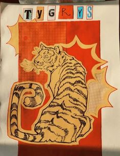 a drawing of a tiger sitting on top of a red and white flag with the word ty g r s