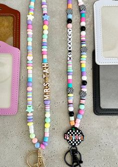 These clay and acrylic bead lanyards go with everything! They are fun and colorful to match any outfit! This listing is for lanyard only, add an ID badge in drop-down box. Lanyard length about 18" with badge 22", but can be made any size This lanyard has clay  beads with smaller seed beads, jump ring and clasp. If you would like break away clasp add in personalized box Name is bottom up, if you would like it top to bottom please let us know Letters are Upper Case only ,  NO apostrophes, symbols or numbers Work in style!! Makes a great teacher gift  Click here to view more lanyards: https://www.etsy.com/shop/SnickerdoodleDIY?ref=seller-platform-mcnav&search_query=Lanyards Teacher Lanyard Nurse Lanyard Boho Lanyard ID Lanyard Cheap Playful Lanyards For Gifts, Classroom Lanyard Organization, Silicone Bead Color Combos, Diy Bead Lanyard, Diy Teacher Lanyard Beads, Beaded Teacher Lanyard, Teacher Lanyard Ideas, Diy Teacher Lanyard, Lanyards Diy