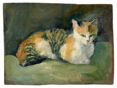 a painting of a cat sitting on top of a couch