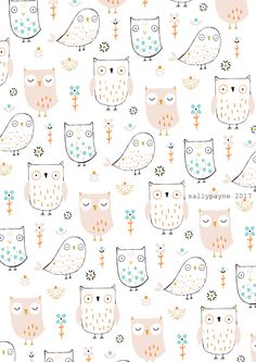 an image of owls and flowers on a white background with blue, pink, and orange colors