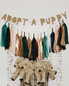 two teddy bears sitting in a basket with tassels hanging from the wall behind them