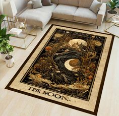 a living room area rug with an image of a witch on the moon and pumpkins