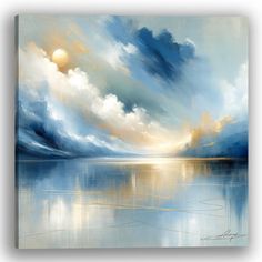 an oil painting of clouds over water with the sun shining through it's clouds