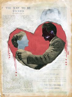 an altered photograph of a man holding a woman's head in front of a heart