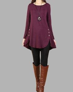 * A cotton tunic top with long sleeves.* Very flattering cut to let you look slimmer, great to mix and match with leggings and jeans.* Quality stretchy and soft fabric, with beautiful drizzle drop texture, it is so comfortable and breathing!* Support 7 days return to get full refund on item without any reason.* Can custom size and colors, lead time is 6-8 days;* Let us know your usual size in your country and your overall height.* If you have some specific request or special characters such as b Casual Fall Tunic With Buttons, Wine Red Top, Tunic Tops Outfit, Cotton Tunic Dress, Cotton Tunic Tops, Gray Tunic, Top With Long Sleeves, Tunic Tops Casual, Casual Tunics