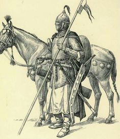 a drawing of a man in armor standing next to a horse and holding a flag