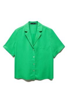 The perfect meeting of laid-back casual and styled-up polish, this camp shirt crosses the line in a fluid, drapey fabric both parties can agree on. Front button closure Notched collar Short sleeves 100% lyocell Machine wash, line dry Imported Summer V-neck Workwear Shirt, Green Spring Camp Shirt, Spring Green Relaxed Fit Camp Shirt, Spring Green Blouse With Camp Collar, Spring Green Tops With Camp Collar, Green Camp Collar Blouse For Spring, Green Collared Camp Shirt For Spring, Green Camp Collar Top For Spring, Casual Blouse With Lapel Collar For Work