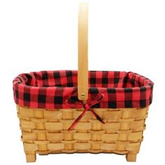 a red and black checkered basket with a bow on the handle is sitting in front of a white background