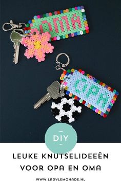 two keychains made out of beads with the words diy written on them