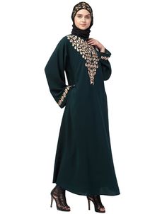 Round Neck Front and sleeve drop Embroidery Abaya Made with Matt Nida Fabric Easy and handy to wear and care, fit for all at every where. Fit for every day Hijab and band shown in the image can be bought separately Fabric: Matt NidaCare: Mild machine wash/ hand Cold Wash/ Dry cleanWe request customers to carefully choose the correct size and dress length referring to our size chart Long Sleeve Thobe For Eid, Festive Long Sleeve Thobe With Floral Embroidery, Eid Long Sleeve Abaya With Floral Embroidery, Eid Abaya With Floral Embroidery And Long Sleeves, Green Abaya For Eid, Festive Long Sleeve Kaftan With Embroidered Sleeves, Traditional Long Sleeve Abaya With Resham Embroidery, Traditional Resham Embroidery Abaya, Long Sleeve Resham Embroidered Kaftan For Eid