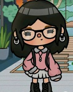 an animated girl with glasses and a cat on her head standing in front of a building