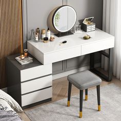 a white desk with a mirror and stool