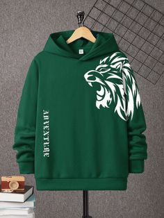 Teen Boys' Lion Graphic Print Fleece Lined Hoodie Sweatshirt, Suitable For Spring, Autumn And Winter, Casual, School, Travel, Home & Daily Wear Dark Green   Long Sleeve Knitted Fabric Animal,Letter Pullovers Slight Stretch  Teen Boys Clothing, size features are:Bust: ,Length: ,Sleeve Length: Lion Graphic, Animal Letters, Teen Boy Outfits, Lined Hoodie, Travel Home, Boys Sweatshirts, Fabric Animals, Boys Clothing, Winter Casual