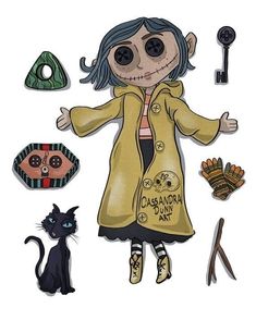 a drawing of a woman in a coat and some other items