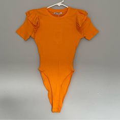 New With Tags Size Small Ribbed Fitted Bodysuit For Spring, Cotton Short Sleeve Bodysuit For Summer, Trendy Fitted Short Sleeve Bodysuit For Summer, Spring Stretch Bodysuit With Short Sleeves, Spring Casual Short Sleeve Bodysuit, Trendy Solid Color Cotton Bodysuit, Stretch Ribbed Cotton Bodysuit, Orange Stretch Bodysuit For Summer, Trendy Ribbed Bodysuit For Spring