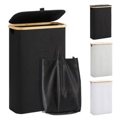 three different types of trash cans and bags