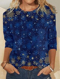 Women Christmas Snowflake Long sleeve Tops Blue Long Sleeve Tops For Winter, Festive Long Sleeve Tops For Christmas, Winter Festive Long Sleeve Tops, Christmas Festive Long Sleeve Tops, Festive Long Sleeve Top For Holidays, Festive Long Sleeve Tops For Holiday, Festive Long Sleeve Holiday Top, Long Sleeve Tops For Holiday Festivities, Winter Holiday Long Sleeve Tops