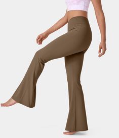 Crossover High Waisted Back Pocket Super Flare Leggings High Waist Brown Yoga Pants, Brown High Waist Fitted Yoga Pants, Brown Fitted High Waist Yoga Pants, Versatile Fitted Brown Pants, Flare Leggings, Bell Bottom, Fashion Line, Back Pocket, Falling Down