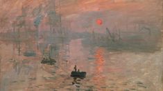 a painting with boats on the water and red light in the sky above it,