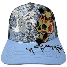 * Ed Hardy Embroidered Eagle Skull Trucker * Authentic With Tag * Embroidered Premium Detail On Front Panel And Top Of Brim * Rear Ed Hardy Logo Tab * Inner Moisture Sweatband * Adjustable Snapback Closure * Rear Mesh Panels * Inner Ed Hardy Tape Lining * Cotton Polyester Blend * Mpn Ehh0001-23 Skull Print Cap One Size, Skull Print Cap One Size Fits Most, Casual Adjustable Trucker Hat With Skull Design, Blue Streetwear Hat One Size, Blue Baseball Cap Trucker Hat With Embroidered Logo, Blue Trucker Hat With Embroidered Logo And Flat Bill, Blue Trucker Hat With Embroidered Logo For Streetwear, Skull Print Snapback Hat For Streetwear, Streetwear Snapback Hat With Skull Print