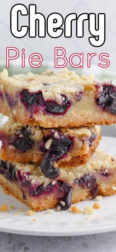 blueberry pie bars stacked on top of each other with the words cherry pie bars above them