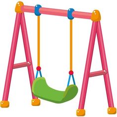 a pink swing set with two swings and a green object on the bottom right hand side