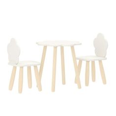 three white chairs and a table with wooden legs