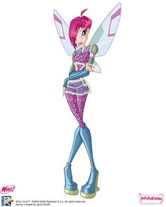 a cartoon character with pink hair and blue boots holding a toy in one hand, while standing