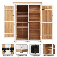 an open wooden cabinet with multiple compartments and doors on both sides, including two sliding doors