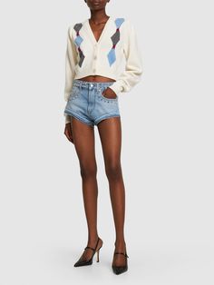 Front button closure. Ribbed collar, cuffs and hem. Mother of pearl buttons. Model is wearing a size38 Knit Crop Cardigan, Studded Denim, Light Blue Shorts, Alessandra Rich, Rich Women, Embellished Denim, Embroidered Crewneck, White Cardigan, Cotton Cardigan