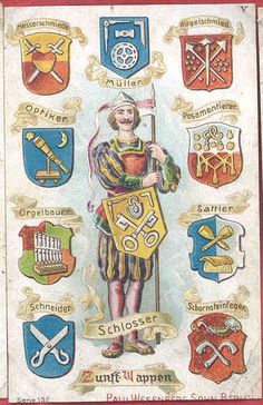 an image of a man holding a shield and some other emblems on the wall