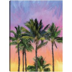 three palm trees in front of a colorful sky