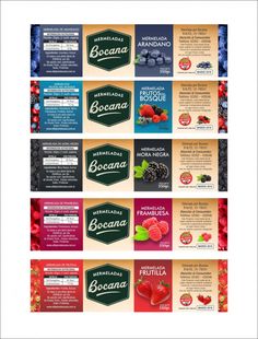 the label design for an assortment of fruits and vegetables, including raspberries, blueberries