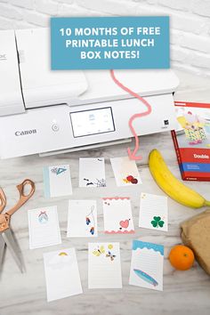 the contents of a printable lunch box are shown with scissors, paper and other items