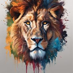 a watercolor painting of a lion's face with colorful paint splatters