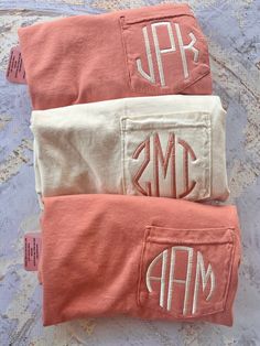 Embroidered Monogram Pocket Tee, Short Sleeve Monogram Tshirt, Comfort Colors Pocket Tee, Bridesmaid Gift, Mother's Day Gift  Please keep in mind, the embroidery closes the pocket.  Our shirts:  - Embroidered in South Carolina - Machine wash cold  - Light weight - Iron inside out for best results Monogram Tshirt Ideas, Embroidery Designs With Machine, Embroidery With Machine, Machine Embroidery Shirts, Mother’s Day Embroidery Ideas, Pink Monogrammed Cotton Top, Pink Monogram Cotton Top, Comfort Colors Graphic Tees, Monogrammed Short Sleeve Cotton T-shirt