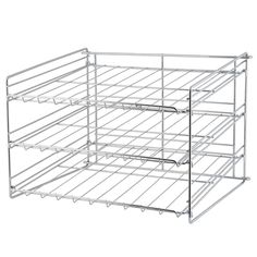 a metal shelf with three shelves and two drawers on each side, against a white background