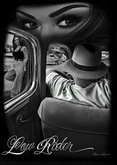 a black and white photo of a woman in a car looking out the window with her hat on