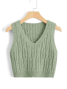 Mint Green Casual   Acrylic Plain  Embellished Non-Stretch Spring/Fall Women Knitwear Preppy Tank Tops, Crop Sweater Vest, Green Sweater Vest, Preppy Mode, Aesthetic Sweaters, Cropped Pullover, Estilo Preppy, Sweater Vest Women, Crop Sweater