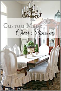 a dining room table and chairs with the words custom made chair slippers over them