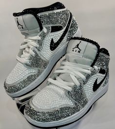 Rhinestone Jordans, Bedazzled Nikes, Rhinestone Things, Cute Shoes Sneakers, Rhinestone Sneakers, Jordan 1 Mids, Teen Prom, Sneaker Ball, Casual Shoes Women Sneakers