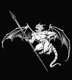 a black and white drawing of a demon holding a spear