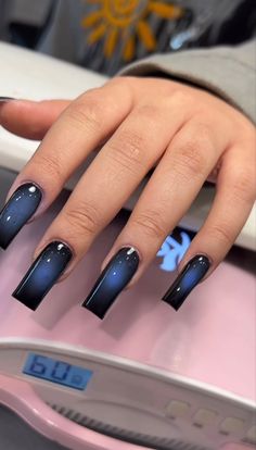 Nail Inspo For Drake Concert, Airbrush Nail Designs Black, Xl Simple Acrylic Nails, Full Color Nails With Design, Black Blue Nails Ideas, Blue Black Nails Acrylic, Trendy Nails 2023 Square, Simple Grunge Nail Ideas